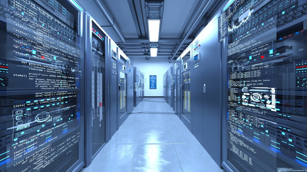 pixta_135197821_M - ESG Journal Data center corridor with rows of server racks and blue-tinged lighting, code and dashboards displayed on panels nearby.
